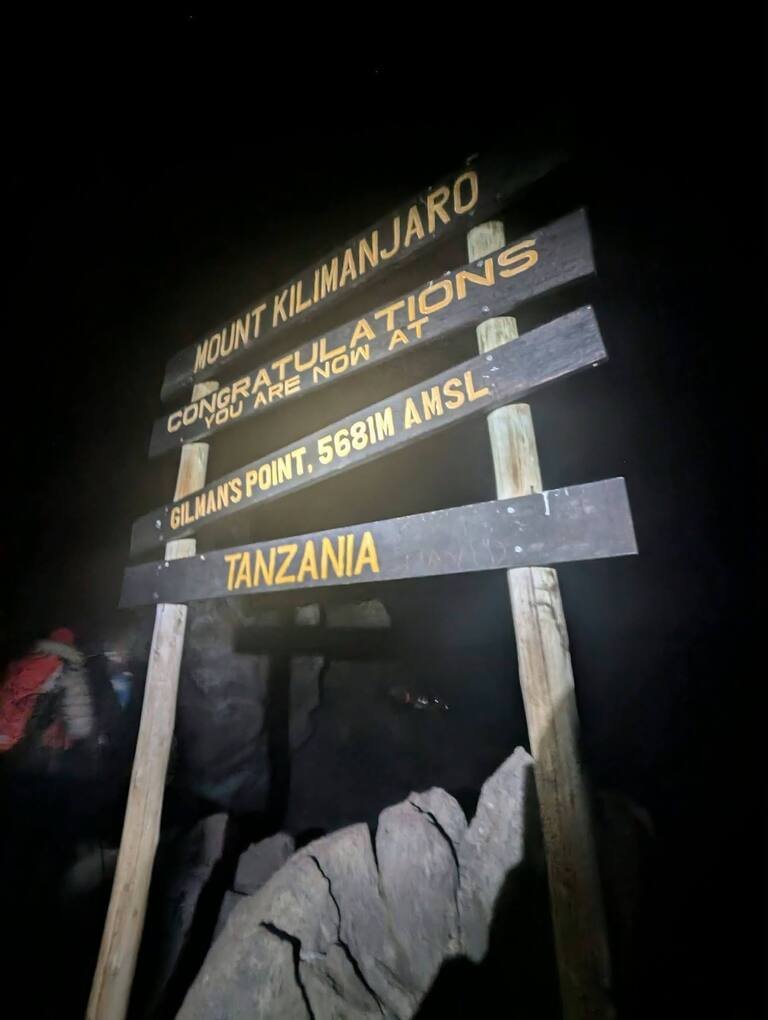 Gilman's Point sign photographed at night on Mount Kilimanjaro.